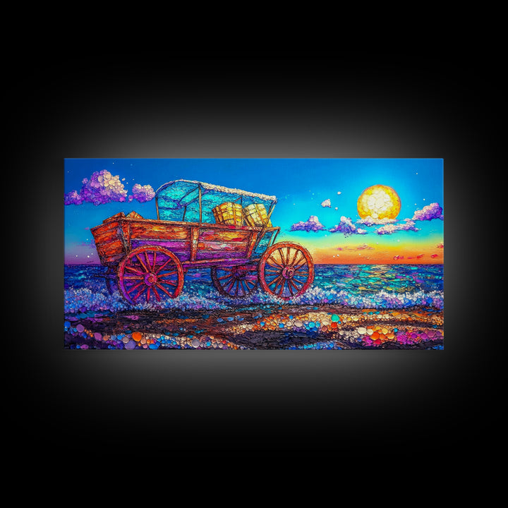 Rustic Wooden Wagon By Moonlit Ocean Wall Art, Coastal Farmhouse Decor, Country Landscape Art, Beach House Decor Gift For Her