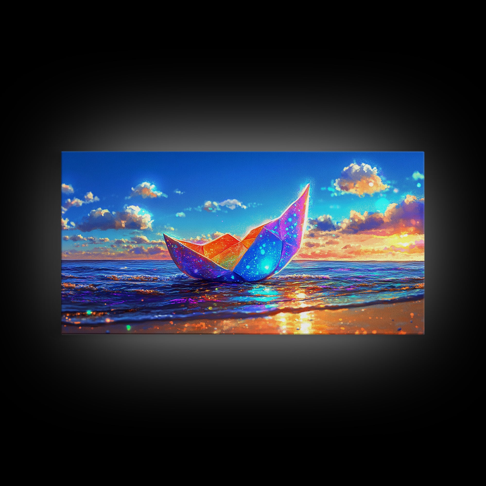 Glowing Origami Paper Boat At Sunset Canvas Print, Coastal Wall Art, Ocean Wall Art, Beach House Decor, Modern Seascape Art