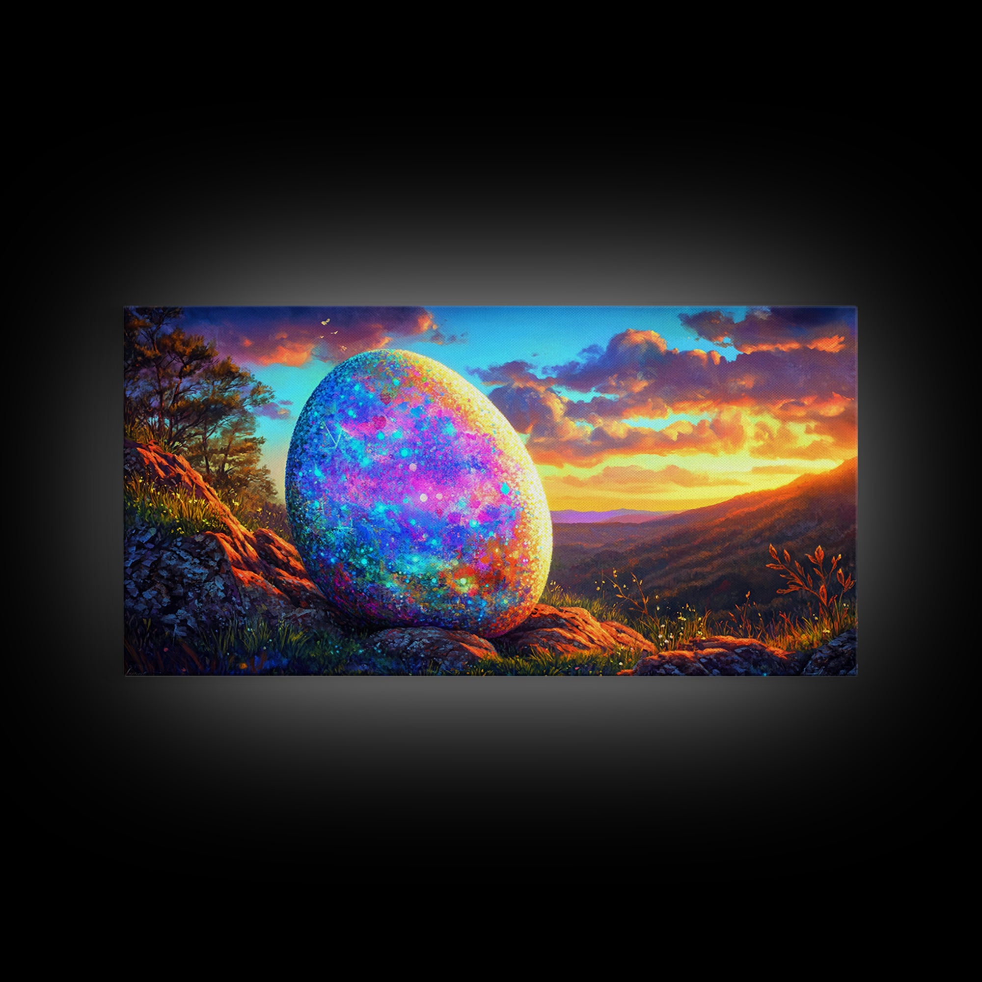 Glittering Easter Egg Mountain Sunset Canvas Print, Whimsical Wall Art, Spring Decor, Fantasy Landscape, Colorful Wall Art