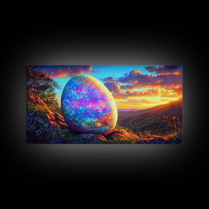 Glittering Easter Egg Mountain Sunset Canvas Print, Whimsical Wall Art, Spring Decor, Fantasy Landscape, Colorful Wall Art