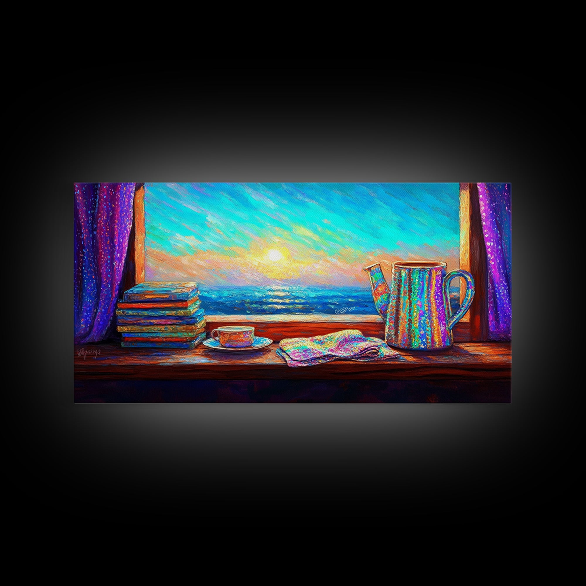 Ocean View Books And Tea By Window Canvas Print, Coastal Wall Art, Reading Nook Decor, Beach House Decor, Cozy Wall Art For Her