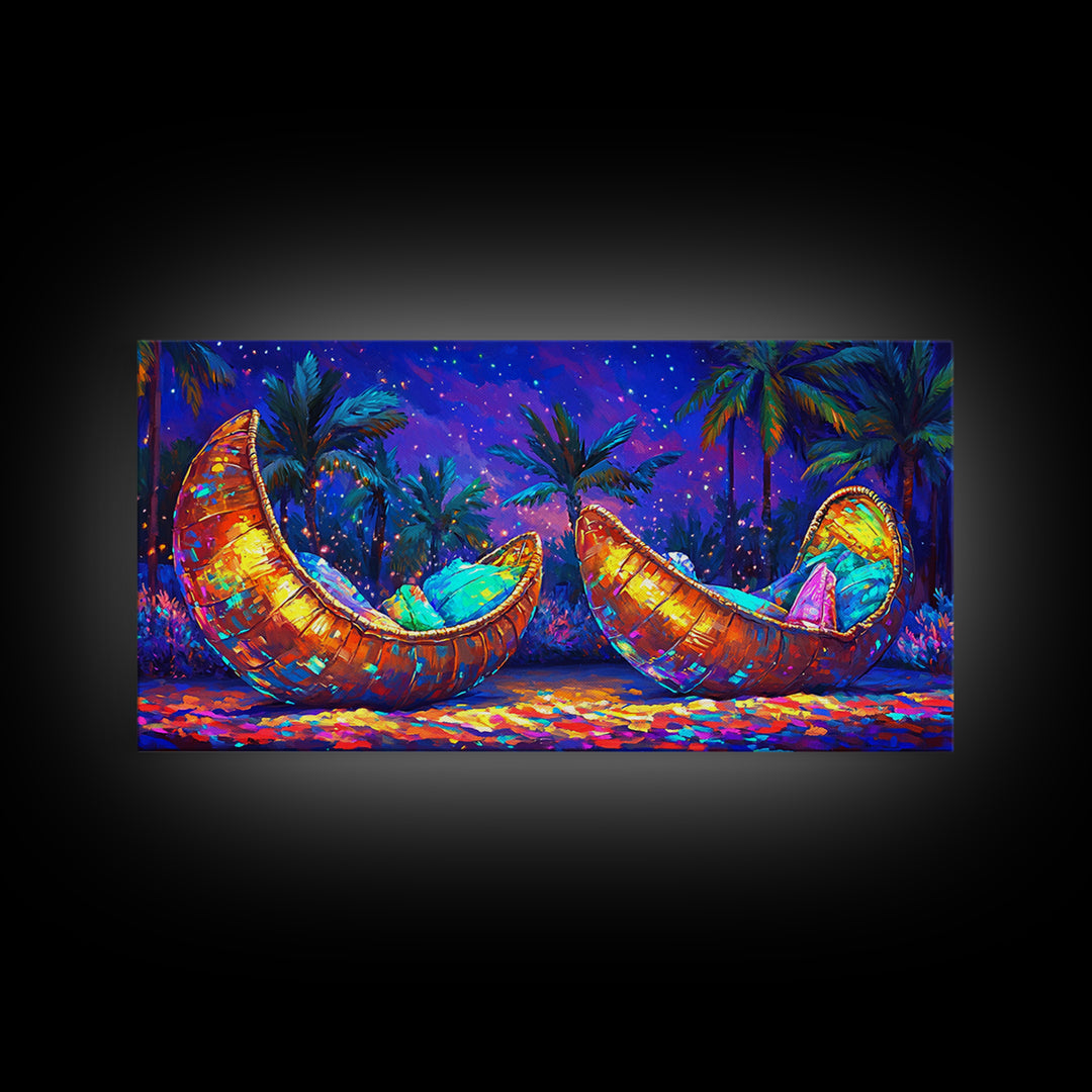 Glowing Crescent Moon Hammocks Under Palms Framed Canvas Print, Tropical Wall Art For Boho Bedroom Decor And Summer Home Decor