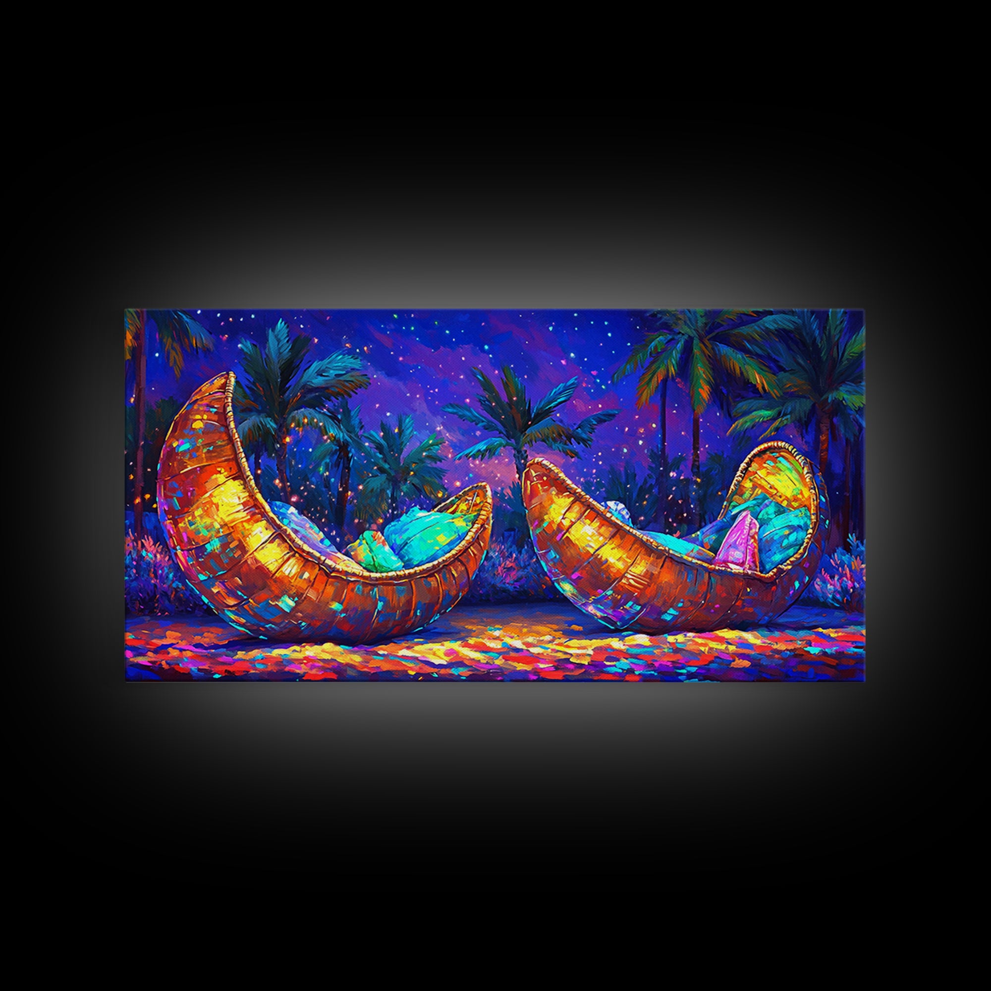 Glowing Crescent Moon Hammocks Under Palms Framed Canvas Print, Tropical Wall Art For Boho Bedroom Decor And Summer Home Decor