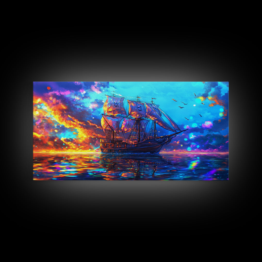 Tall Sailing Ship At Fiery Sunset Framed Canvas Print, Nautical Wall Art For Coastal Decor Ocean Wall Decor And Seascape