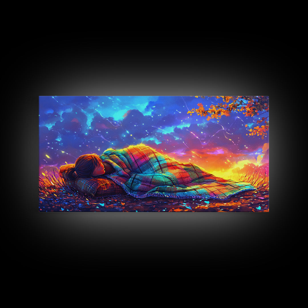 Sleeping Under Rainbow Blanket At Sunset Framed Canvas Print, Cozy Wall Art For Bedroom Decor, Calming Landscape Wall Art