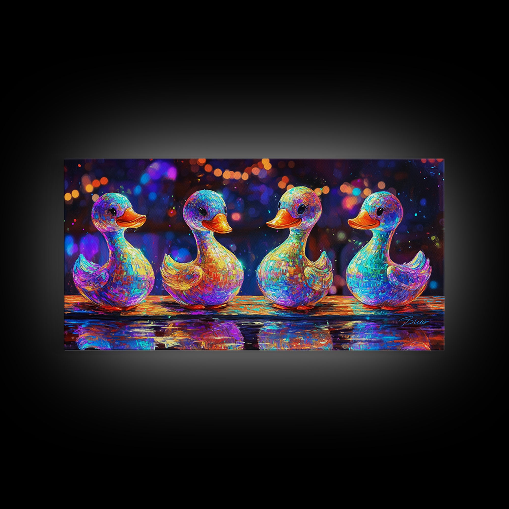 Four Rainbow Rubber Ducks In A Row Canvas Print, Whimsical Animal Wall Art For Bathroom Decor And Kids Room Decor Gift Idea