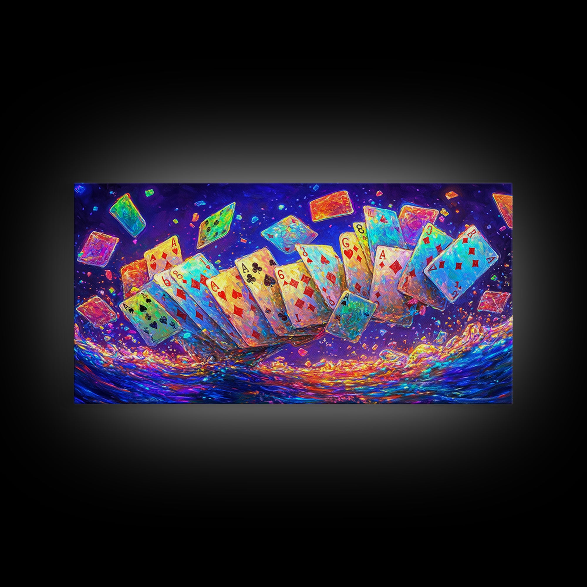 Exploding Neon Playing Cards Canvas Print, Game Room Wall Art, Poker Wall Art, Man Cave Decor, Maximalist Home Decor Gift
