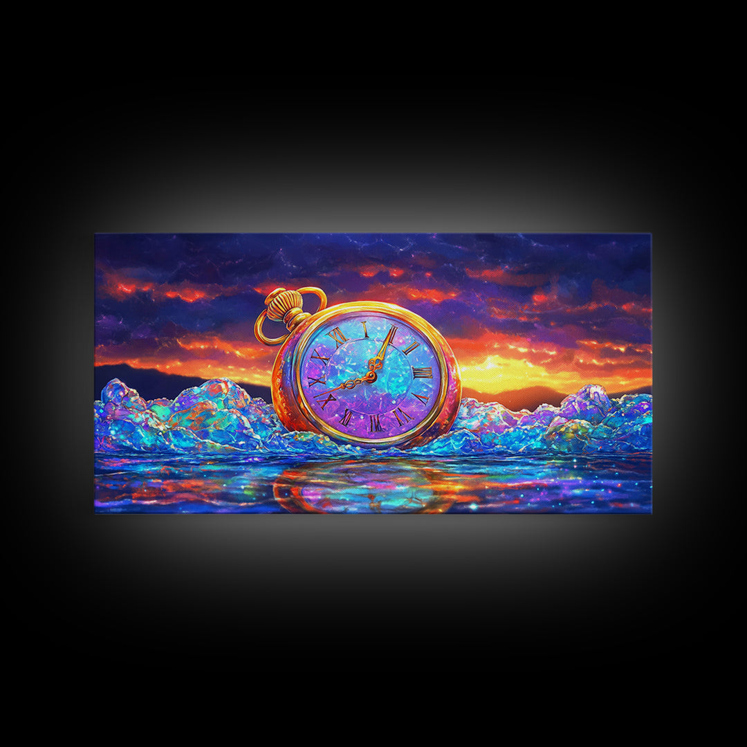 Golden Pocket Watch In Icy Sea Framed Canvas Print, Surreal Wall Art, Steampunk Decor, Time Traveler Fantasy Art Home Decor Gift