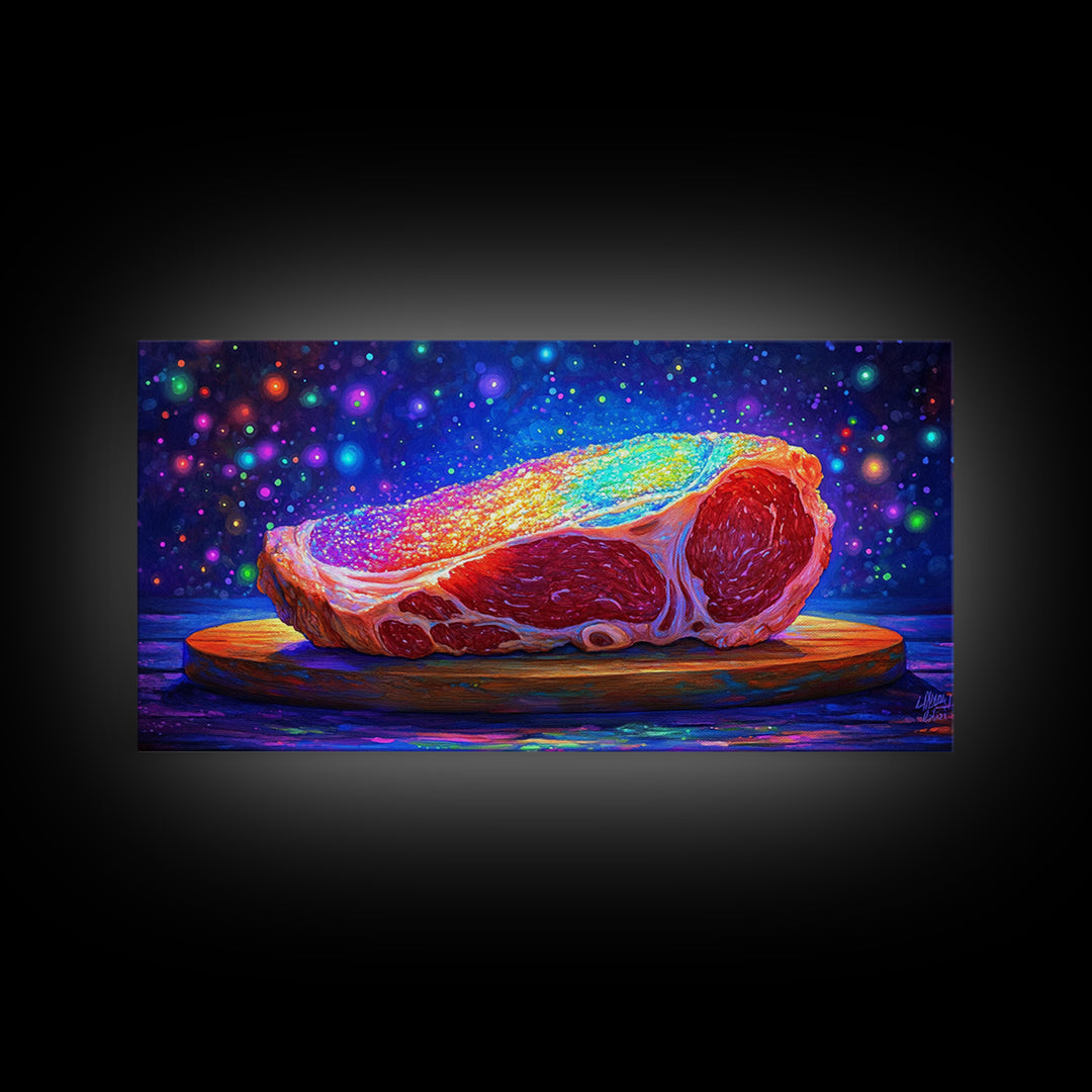 Rainbow Steak On Wooden Board Canvas Print, Bold Food Wall Art, Kitchen Decor, Restaurant Poster, Gift For Chef Or Foodie