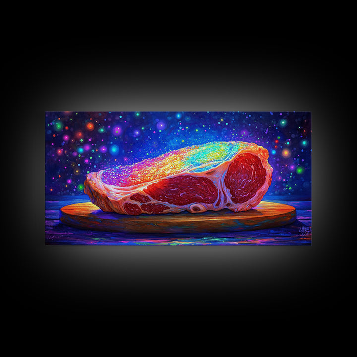 Rainbow Steak On Wooden Board Canvas Print, Bold Food Wall Art, Kitchen Decor, Restaurant Poster, Gift For Chef Or Foodie
