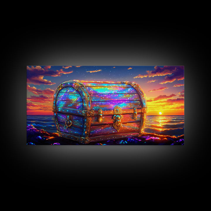 Glowing Treasure Chest At Ocean Sunset Canvas Print, Fantasy Wall Art, Coastal Decor, Adventure Gift, Beach House Decor Art