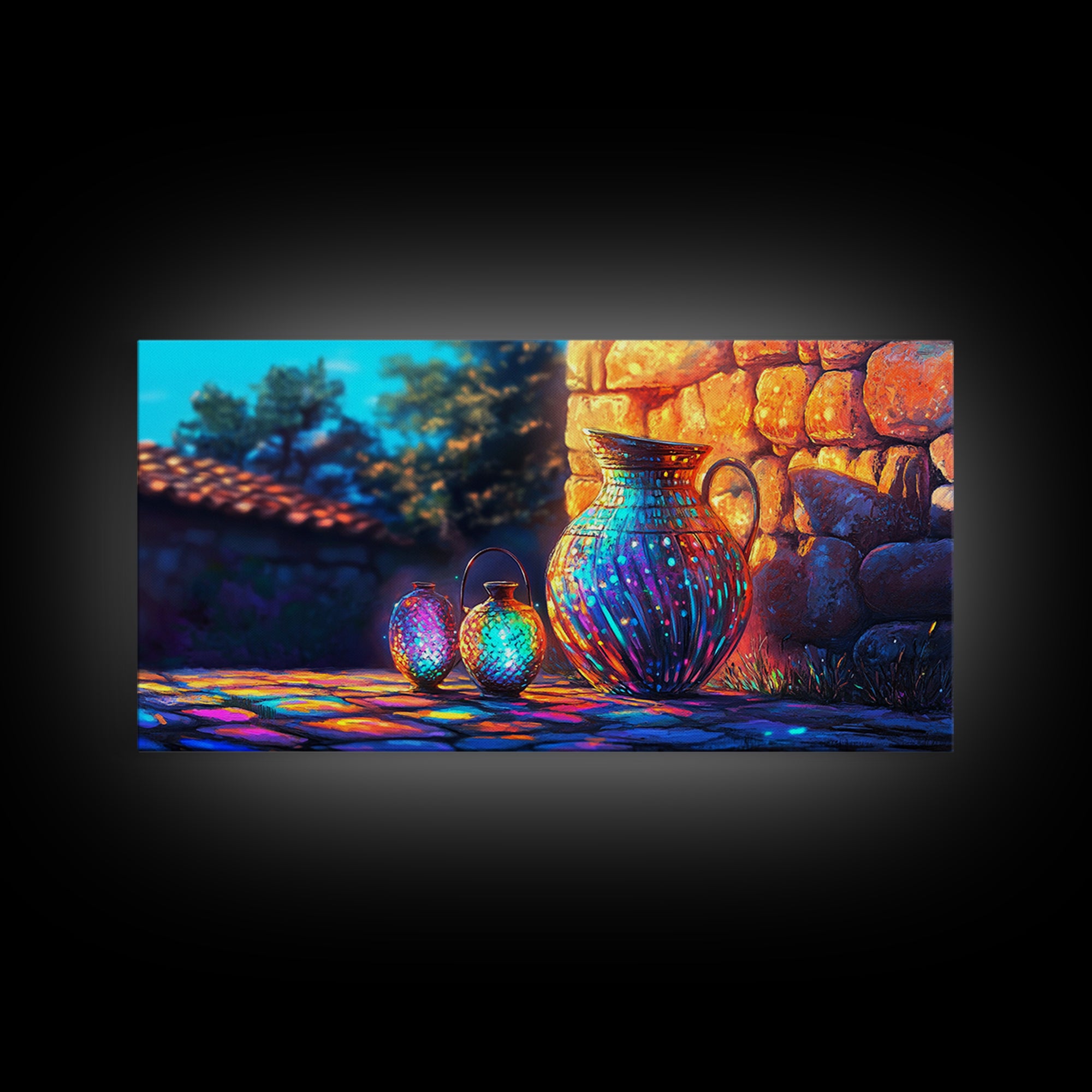 Mediterranean Blue Ceramic Jugs Wall Art, Rustic Canvas Print, Italian Home Decor, Stone Courtyard Patio Decor Gift For Her