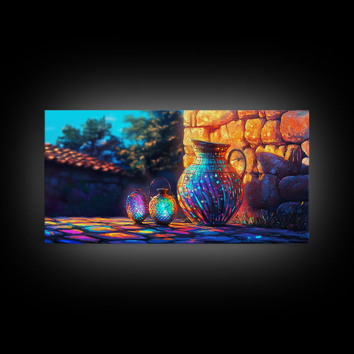 Mediterranean Blue Ceramic Jugs Wall Art, Rustic Canvas Print, Italian Home Decor, Stone Courtyard Patio Decor Gift For Her