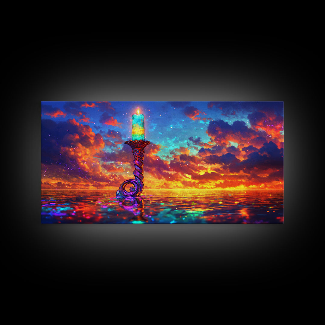 Glowing Candle Over Sunset Ocean Wall Art, Coastal Seascape Painting, Spiritual Home Decor, Calming Living Room Wall Decor