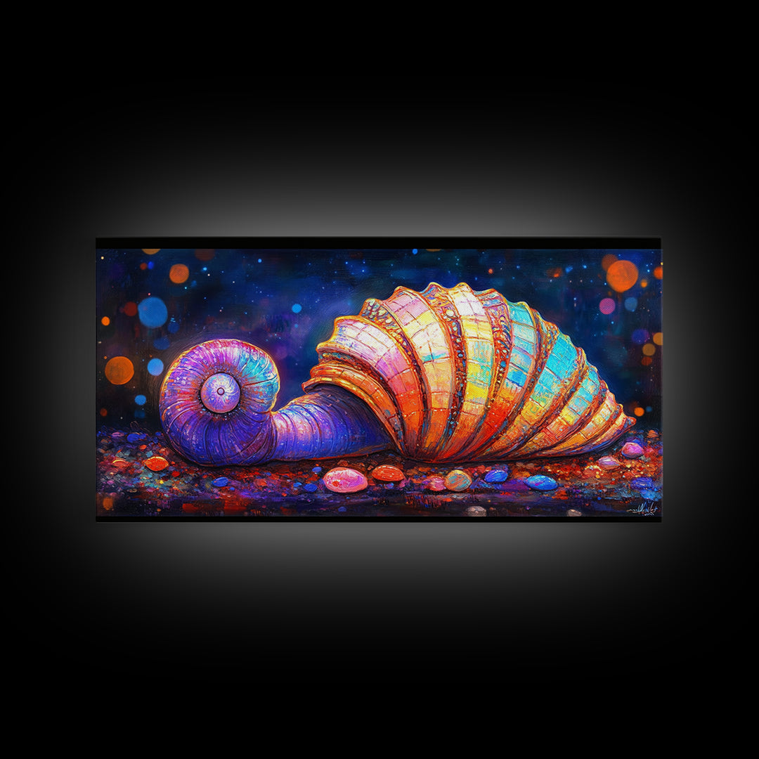 Glowing Spiral Seashell On Pebble Shore Canvas Print, Nautical Coastal Wall Art, Beach House Decor, Ocean Life Art Print