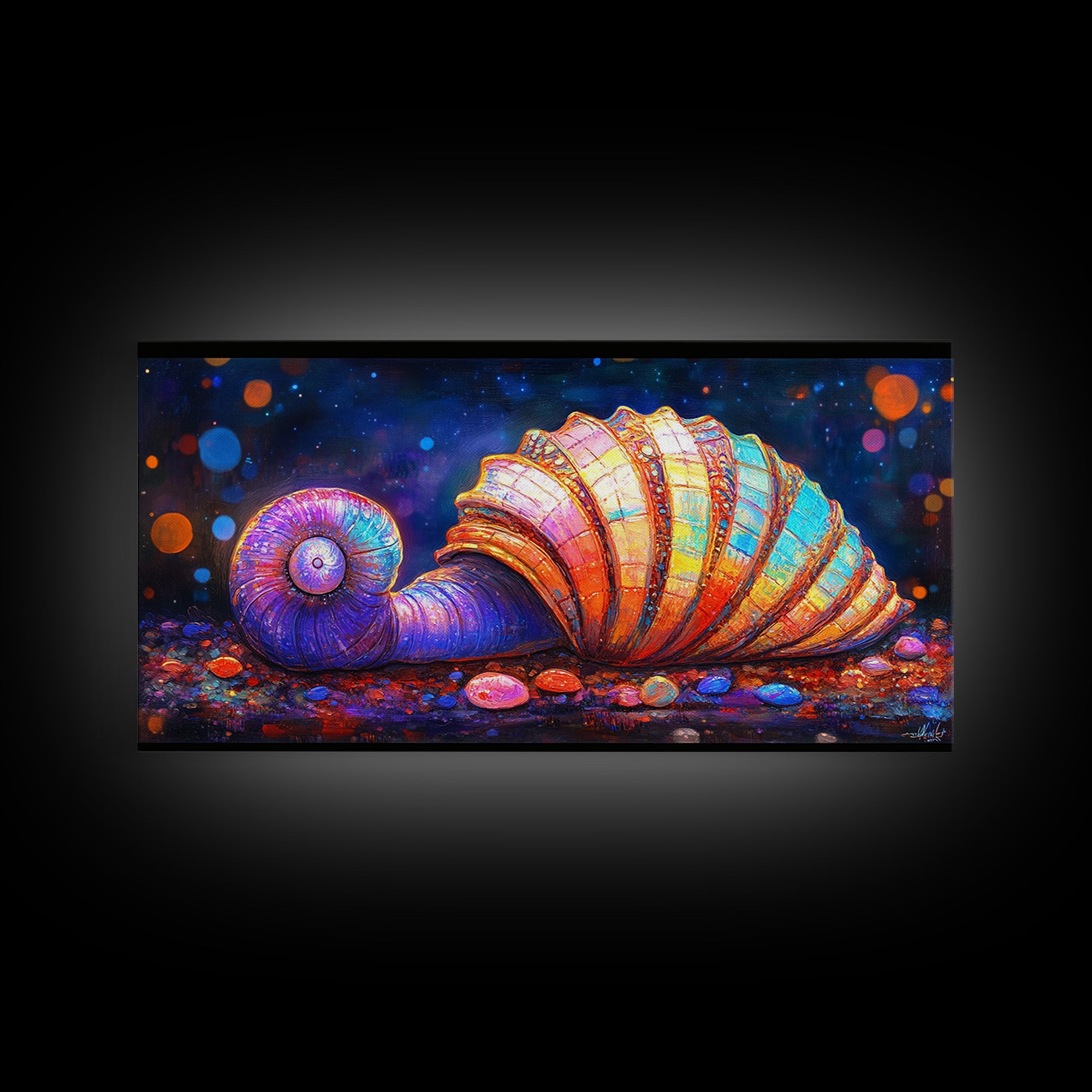 Glowing Spiral Seashell On Pebble Shore Canvas Print, Nautical Coastal Wall Art, Beach House Decor, Ocean Life Art Print