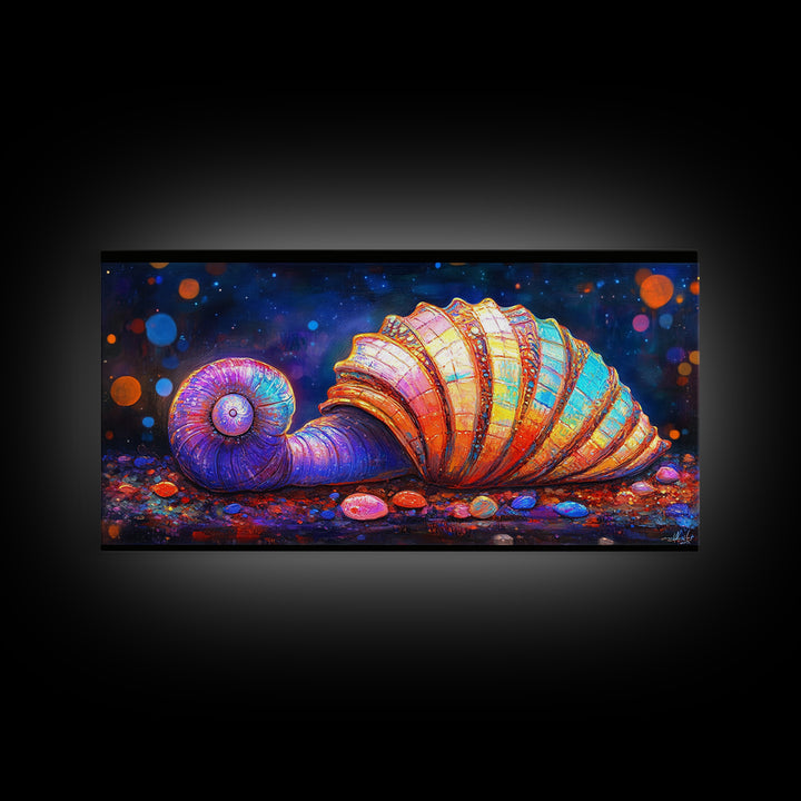 Glowing Spiral Seashell On Pebble Shore Canvas Print, Nautical Coastal Wall Art, Beach House Decor, Ocean Life Art Print