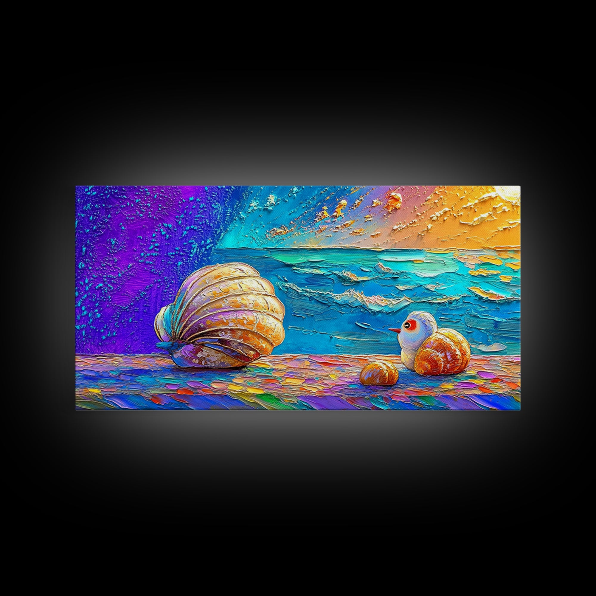 Bright Seashells And Tiny Bird By Turquoise Waves Framed Canvas Print, Coastal Wall Art, Beach House Decor, Ocean Painting