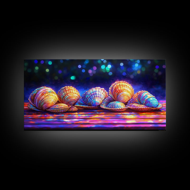 Glowing Clam Shells On Neon Table Canvas Print, Colorful Coastal Wall Art, Beach House Decor, Nautical Gallery Wall Art