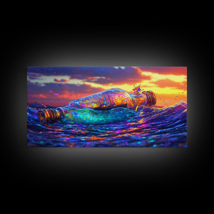Tiny Ship In Glass Bottle Riding Ocean Waves Wall Art, Nautical Seascape Decor, Coastal Canvas Print, Travel Gift For Him