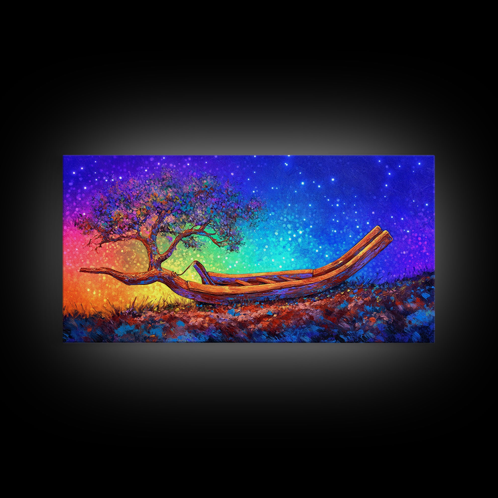 Wooden Canoe With Tree Under Stars Canvas Print, Whimsical Wall Art, Nature Wall Decor, Celestial Art, Unique Gift, Home Decor