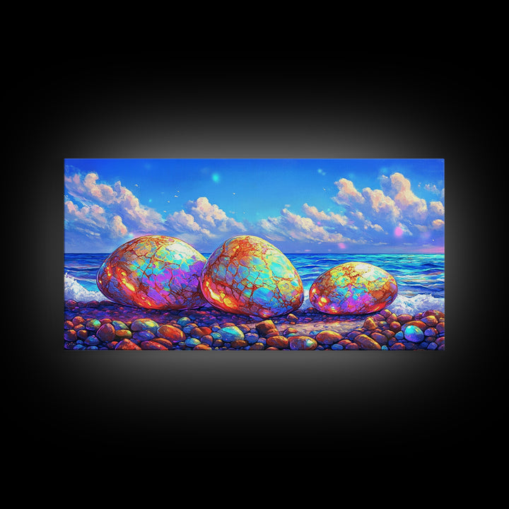 Iridescent Pebbles On Sunny Beach Canvas Print, Coastal Wall Art, Ocean Art Print, Beach House Decor, Colorful Nature Art