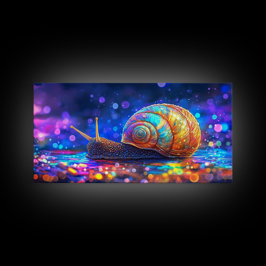 Glowing Rainbow Snail On Wet Ground Wall Art, Whimsical Animal Art Print, Nature Wall Art, Dopamine Decor, Unique Gift For Her
