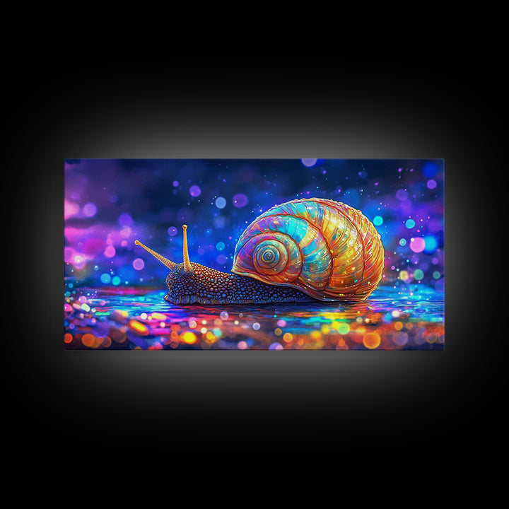Glowing Rainbow Snail On Wet Ground Wall Art, Whimsical Animal Art Print, Nature Wall Art, Dopamine Decor, Unique Gift For Her