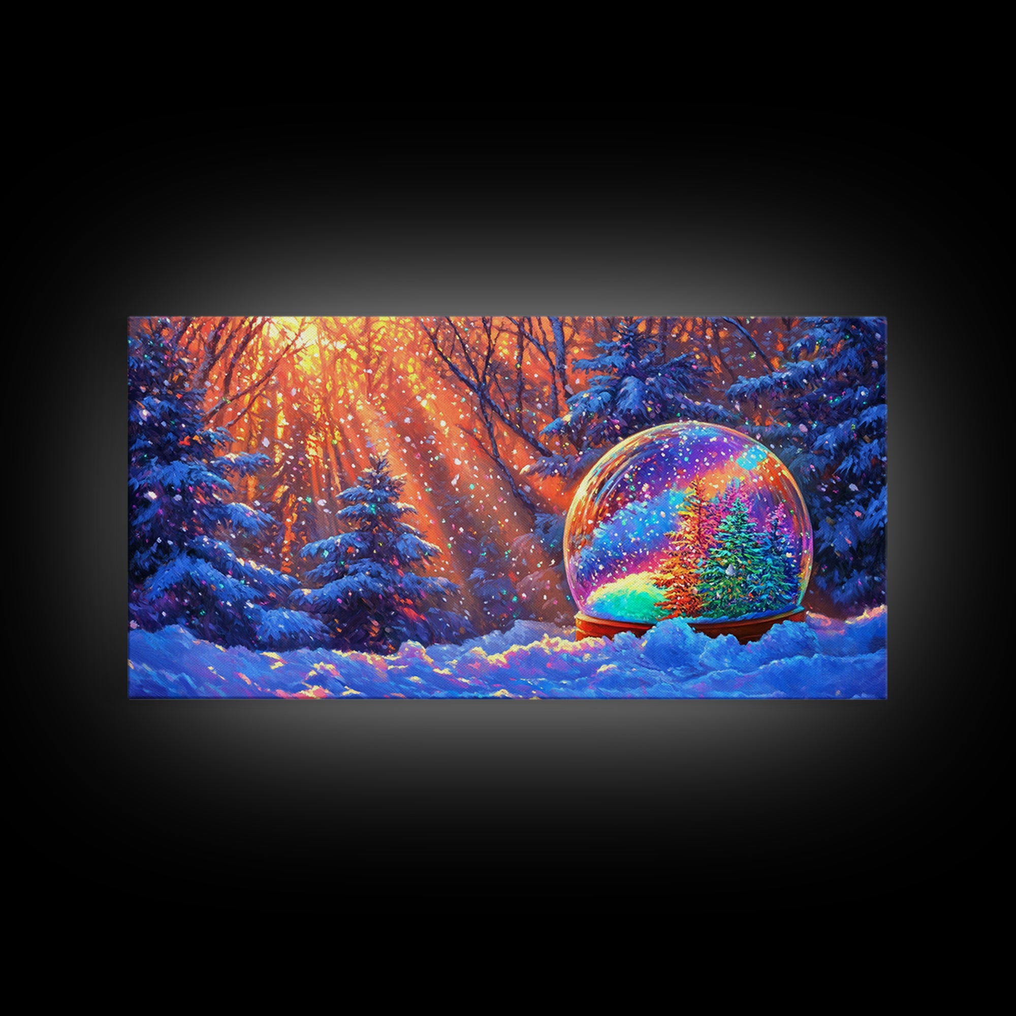 Snow Globe With Rainbow Winter Forest Wall Art, Christmas Decor, Cozy Wall Art, Winter Landscape Print, Whimsical Home Decor