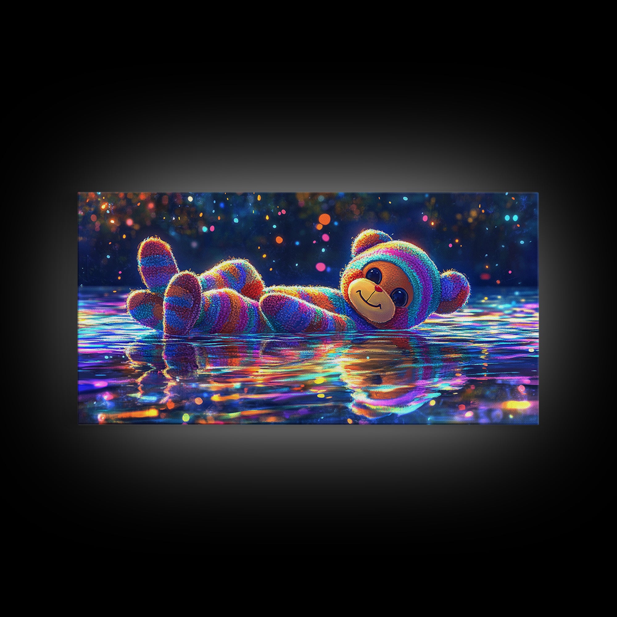 Rainbow Plush Teddy Bear On Reflective Water Wall Art, Cute Kids Room Art, Nursery Wall Art, Dopamine Decor, Baby Gift For Her