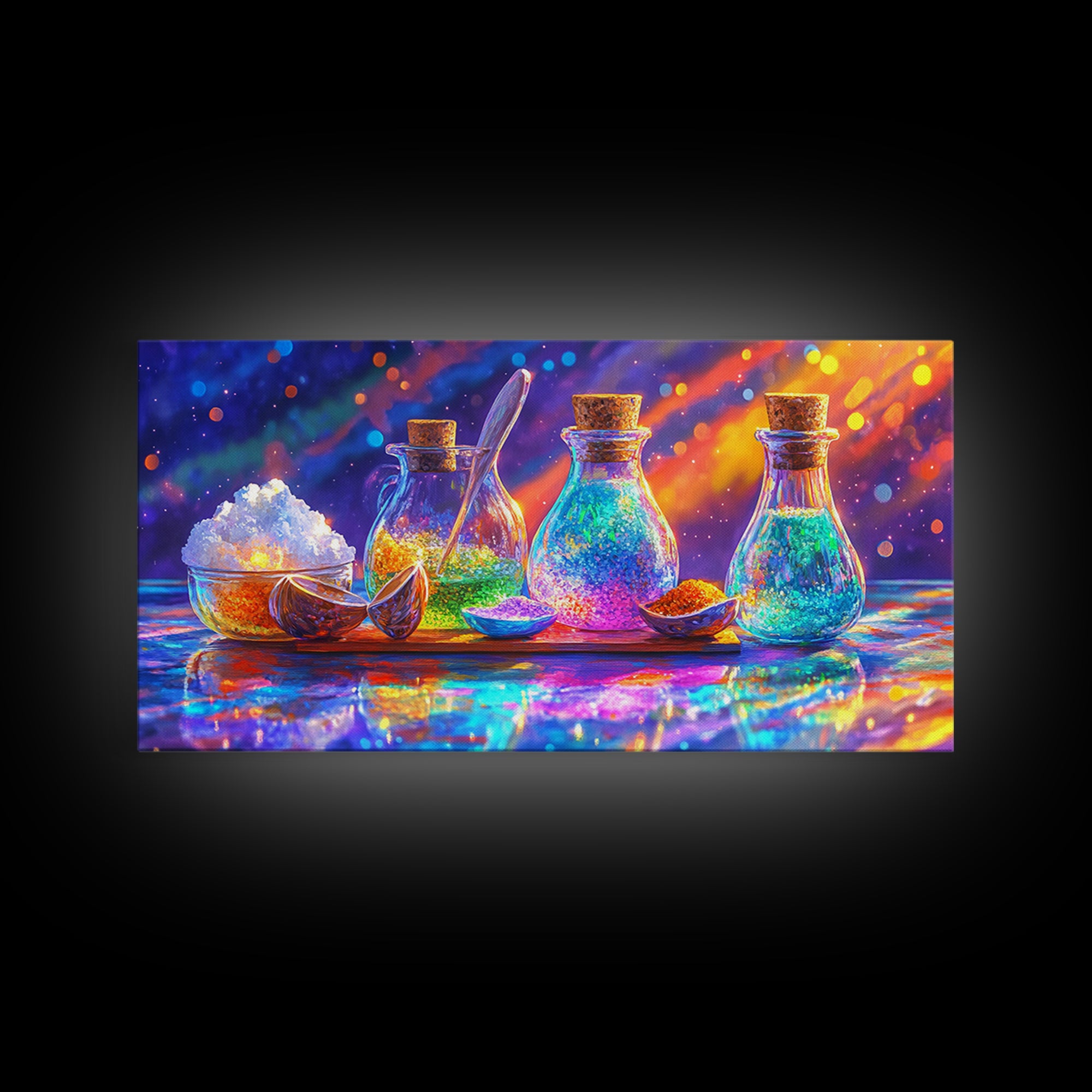 Rainbow Glass Spice Bottles With Salt And Citrus Canvas Print, Kitchen Wall Art, Colorful Decor, Food Art, Housewarming Gift
