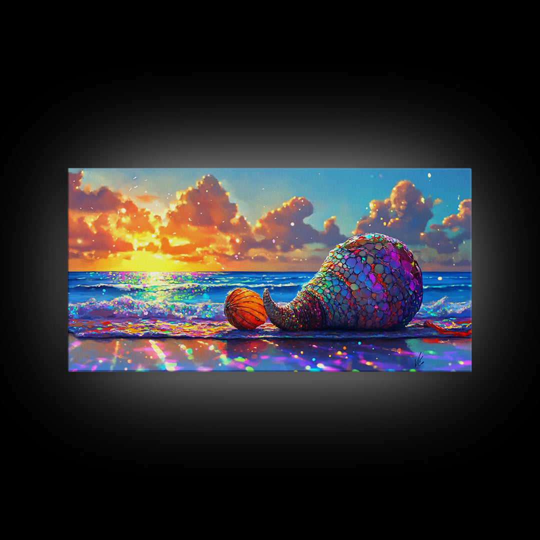 Mosaic Mermaid Tail Seashell At Ocean Sunset Canvas Print, Coastal Wall Art, Beach House Decor, Nautical Decor, Gift For Her