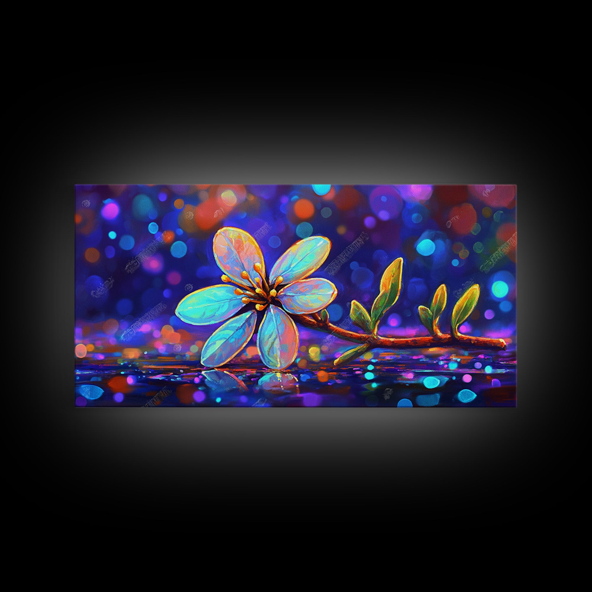 Delicate Blue Flower Branch With Bokeh Lights Canvas Print, Botanical Wall Art, Floral Wall Decor, Nature Art, Gift For Her