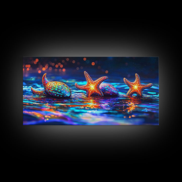 Glowing Starfish And Seashells On Neon Tide Canvas Print, Coastal Wall Art, Ocean Decor, Beach House Gift For Her, Living Room Decor