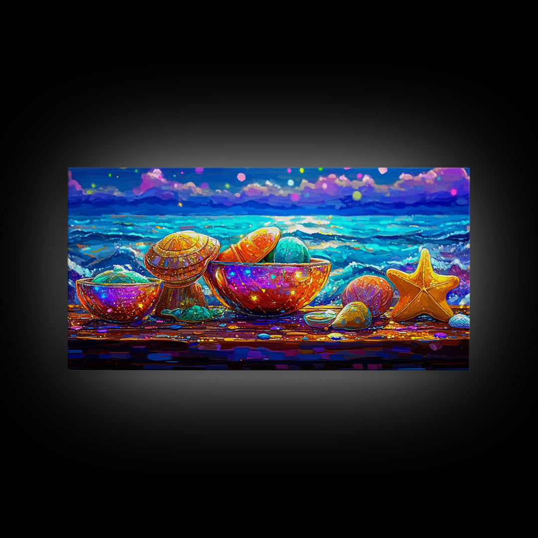 Rainbow Seashells And Starfish By Ocean Canvas Print, Coastal Wall Art, Beach House Decor, Nautical Living Room Art, Ocean Wall Decor