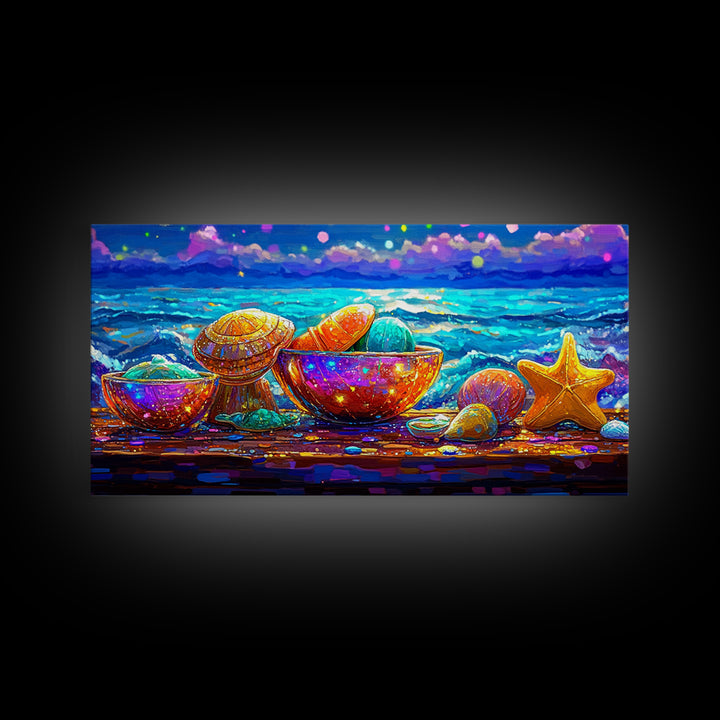 Rainbow Seashells And Starfish By Ocean Canvas Print, Coastal Wall Art, Beach House Decor, Nautical Living Room Art, Ocean Wall Decor