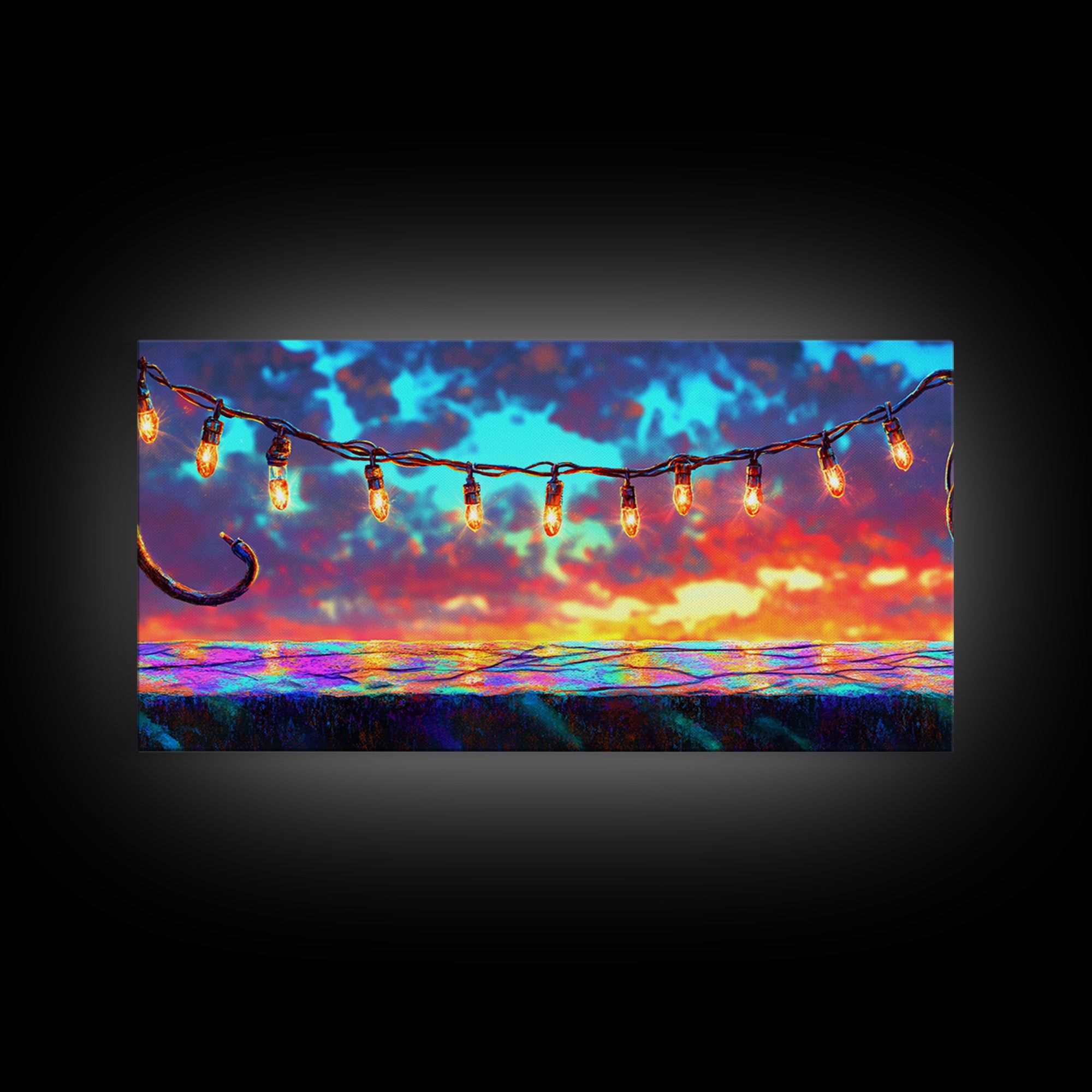 String Lights Over Sunset Patio Canvas Print, Outdoor Wall Art, Patio Decor, Rustic Home Decor, Summer Wall Decor, Gift For Her