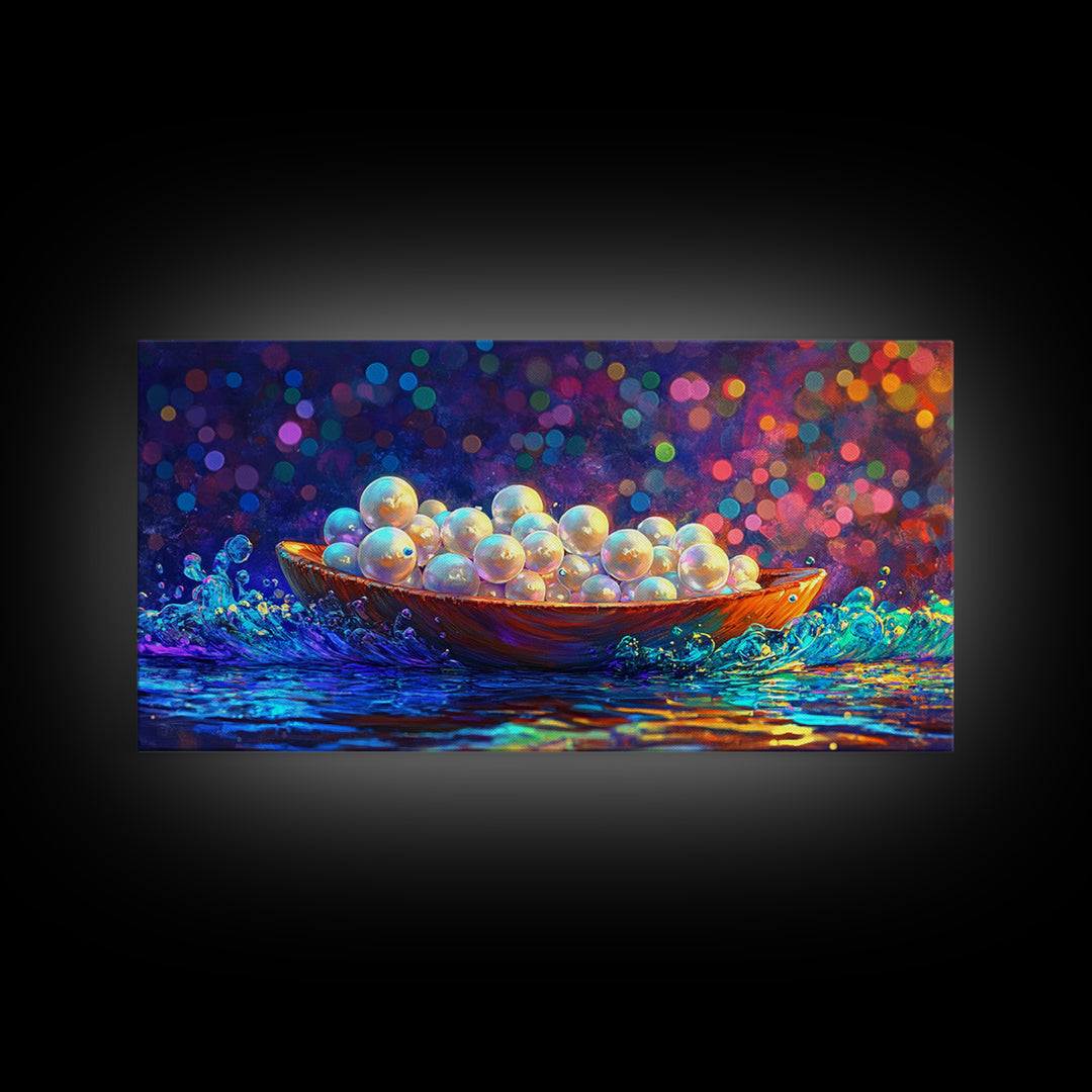 Glowing Pearls In Wooden Bowl Canvas Print, Coastal Wall Art, Ocean Decor, Elegant Bathroom Art, Luxury Home Decor, Gift For Her