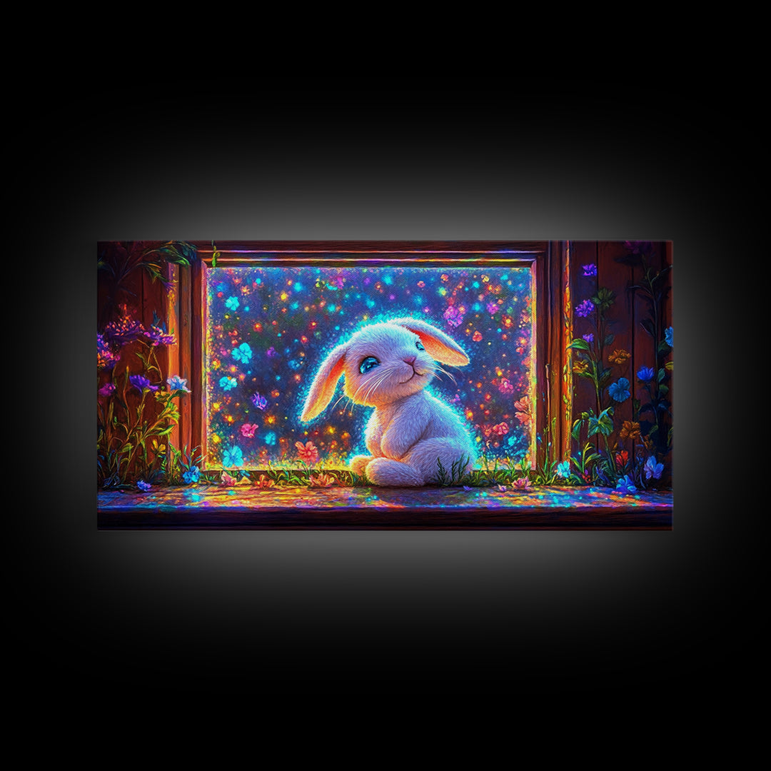 Glowing Bunny In Flower Window Canvas Print, Whimsical Wall Art, Nursery Decor, Kids Room Art, Cute Animal Gift, Baby Room Decor