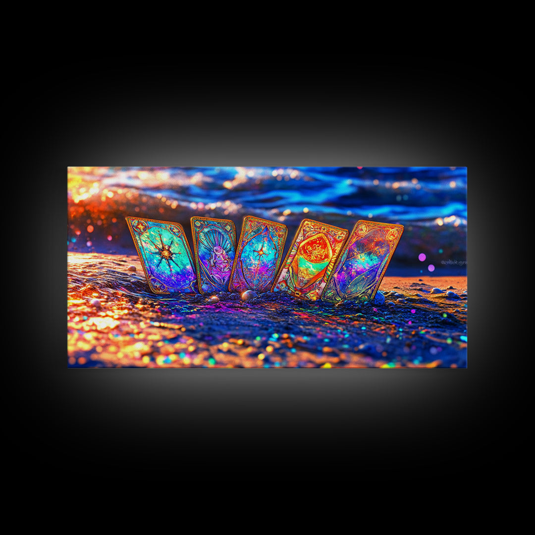 Glowing Tarot Cards On Ocean Shore Wall Art, Celestial Coastal Decor, Mystical Canvas Print, Witchy Gift For Her, Beach House Decor