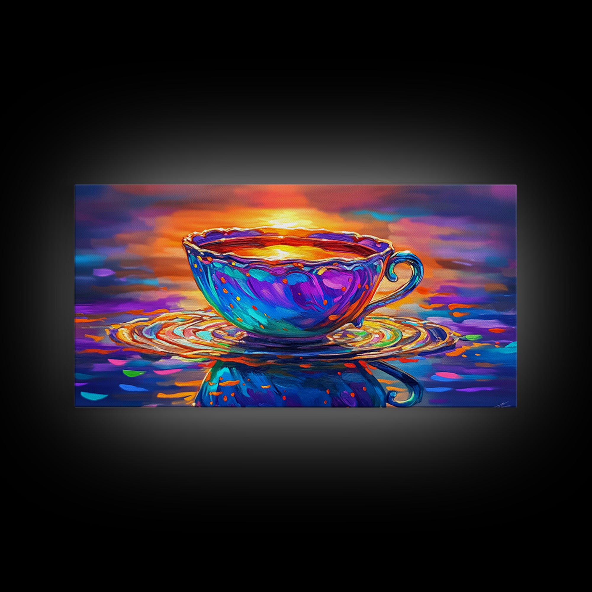 Vibrant Teacup At Sunset Reflection Framed Canvas Print, Cozy Kitchen Wall Art, Coffee Bar Decor, Gift For Tea Lover, Home Decor