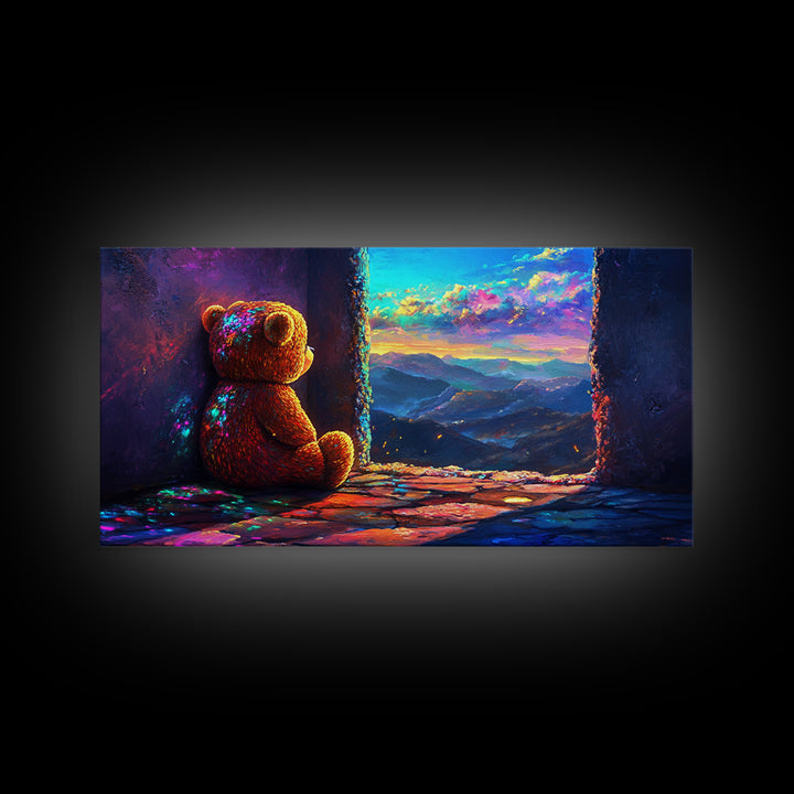 Teddy Bear Watching Mountain Sunset Wall Art, Whimsical Nursery Decor, Cozy Bedroom Canvas Print, Gift For Kids Room Wall Decor