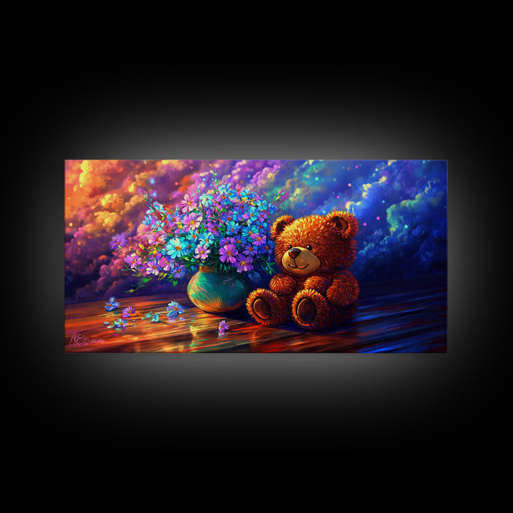 Smiling Teddy Bear With Colorful Wildflowers Canvas Print, Whimsical Nursery Wall Art, Kids Room Decor, Baby Shower Gift
