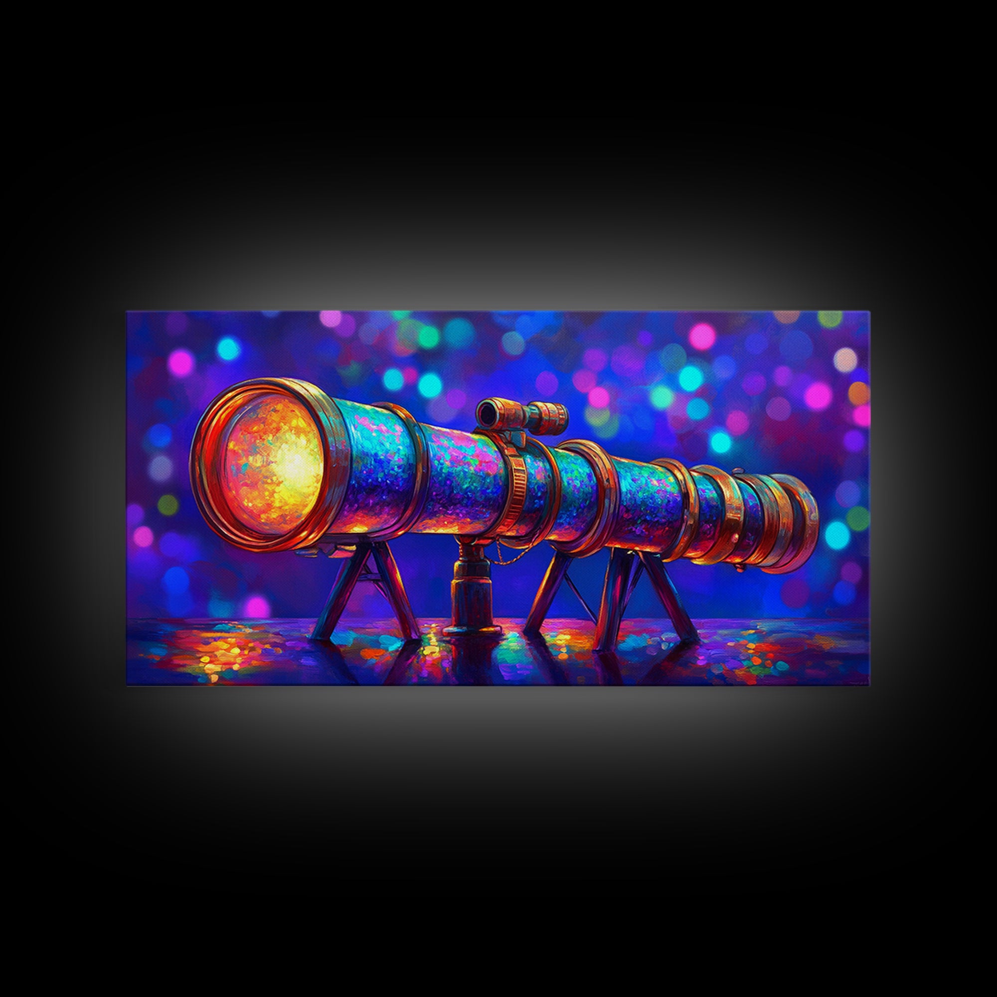 Rainbow Telescope With Cosmic Bokeh Wall Art, Astronomy Decor, Space Lover Canvas Print, Science Poster Gift For Him, Home Office Decor