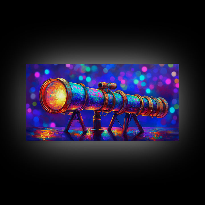 Rainbow Telescope With Cosmic Bokeh Wall Art, Astronomy Decor, Space Lover Canvas Print, Science Poster Gift For Him, Home Office Decor