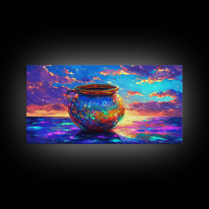 Iridescent Cauldron By Ocean Framed Canvas Print, Colorful Coastal Wall Art, Fantasy Seascape, Beach House Decor Gift Idea