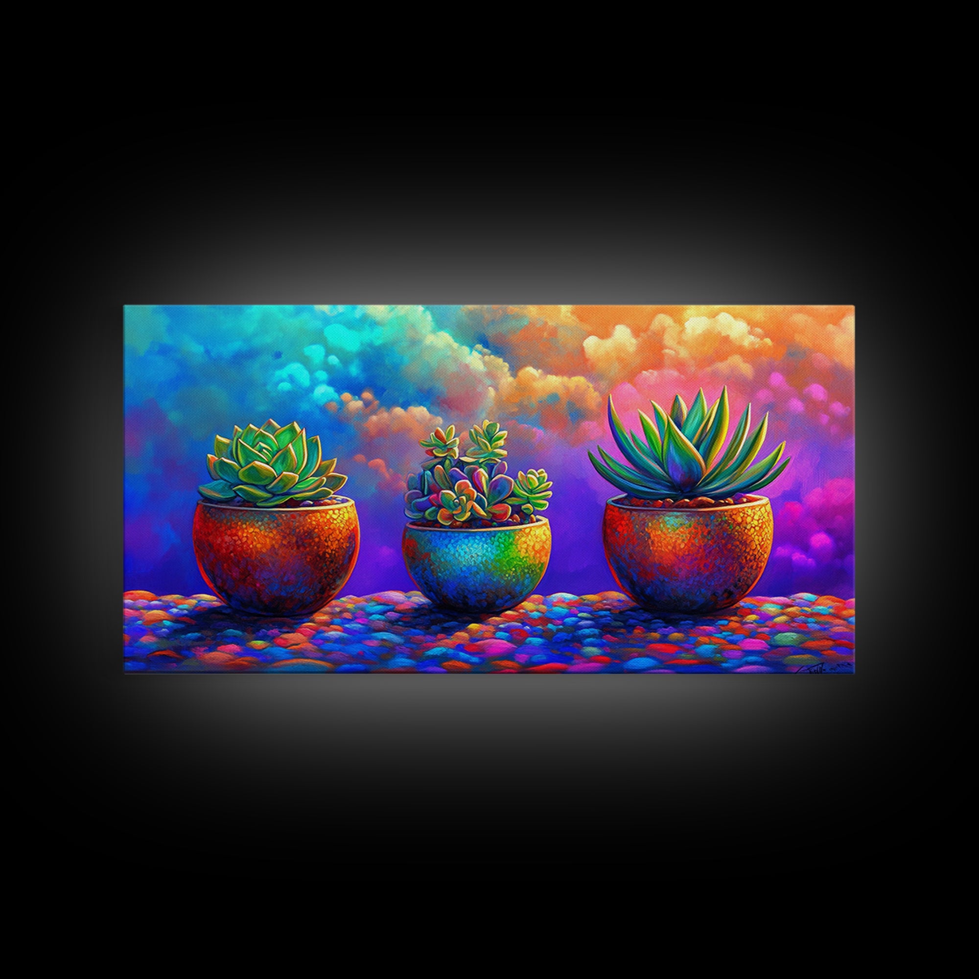 Three Rainbow Succulents Canvas Print, Colorful Botanical Wall Art, Boho Plant Decor, Living Room Art, Housewarming Gift