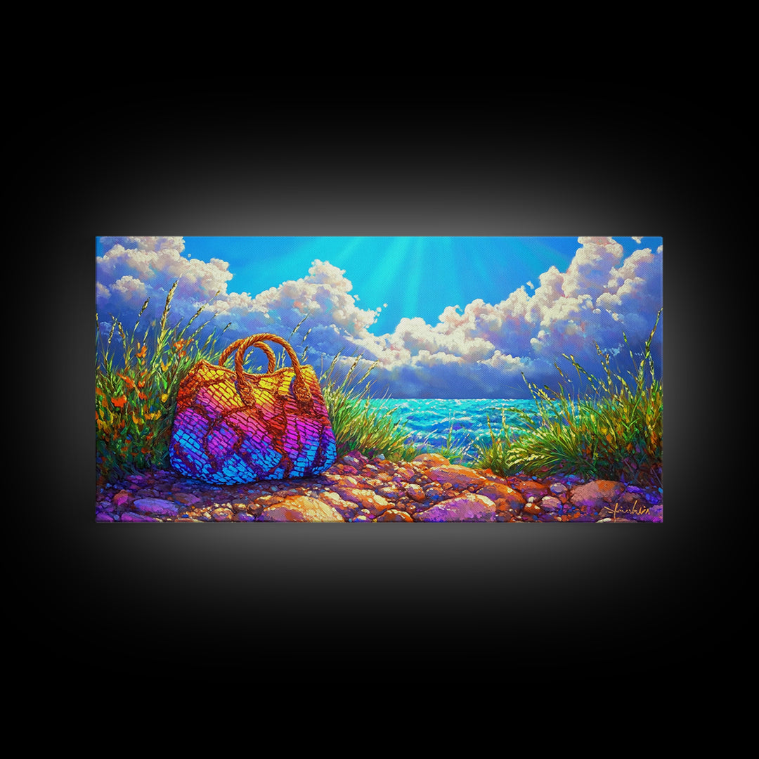 Rainbow Woven Beach Bag Wall Art, Coastal Canvas Print, Beach House Decor, Summer Ocean Art, Tropical Home Decor Gift Idea