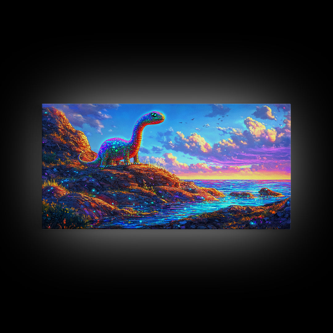 Sparkling Rainbow Dinosaur By Ocean Sunset Wall Art, Colorful Kids Room Decor, Whimsical Nursery Art, Coastal Fantasy Gift