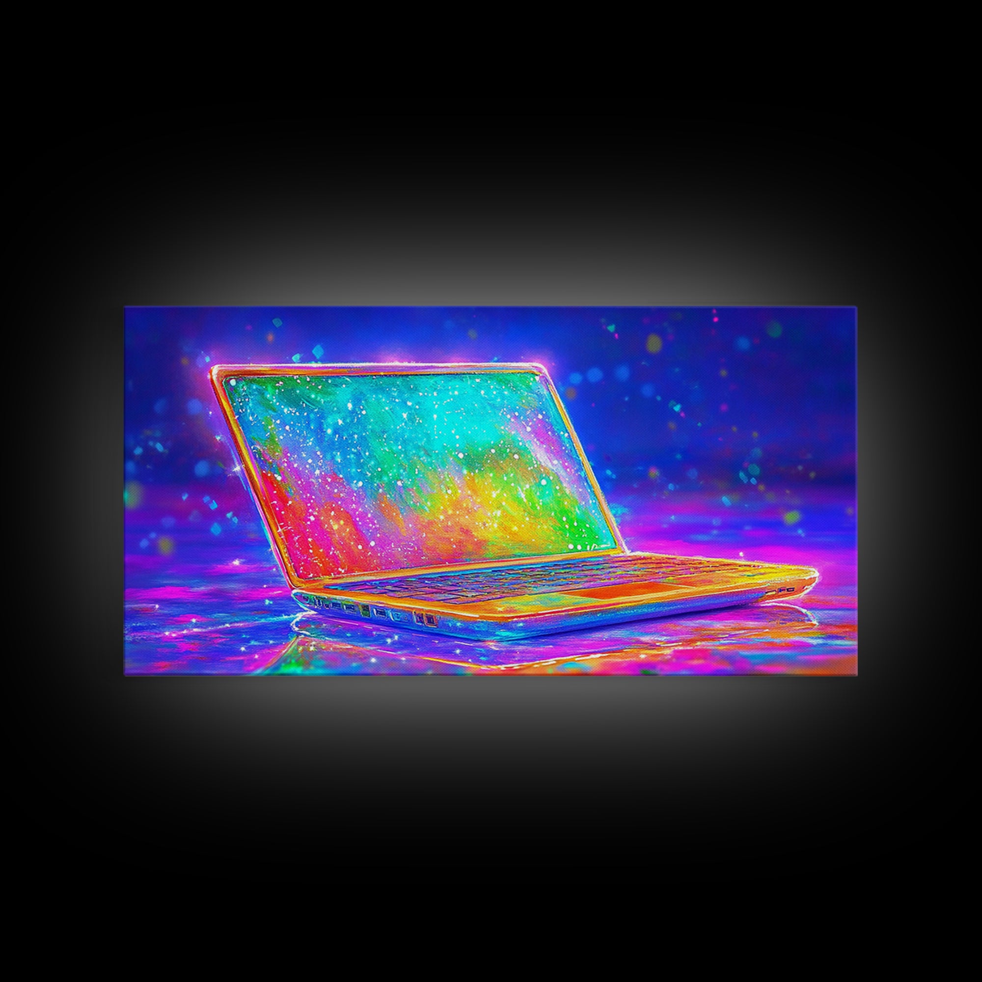 Neon Rainbow Laptop Canvas Print, Cyberpunk Office Wall Art, Tech Art, Gamer Room Decor, Futuristic Home Office Decor, Gift